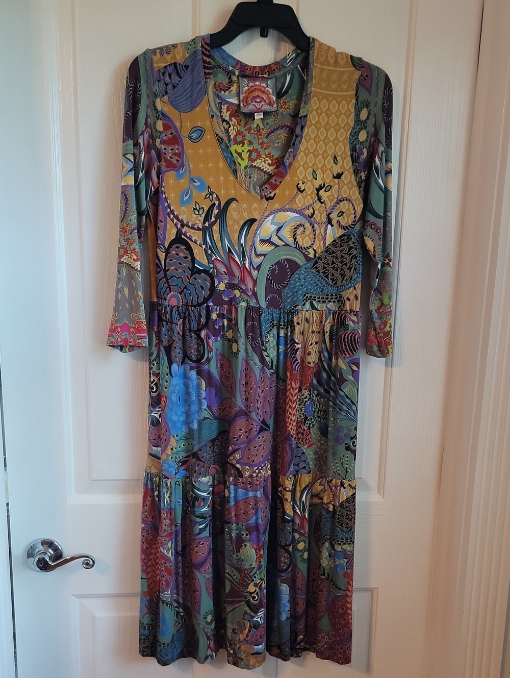 Johnny Was Multicolor Printed V-Neck Long Sleeve Midi Dress Bamboo Small S